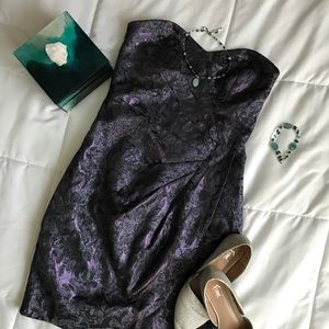 Deep purple brocade strapless cocktail dress
